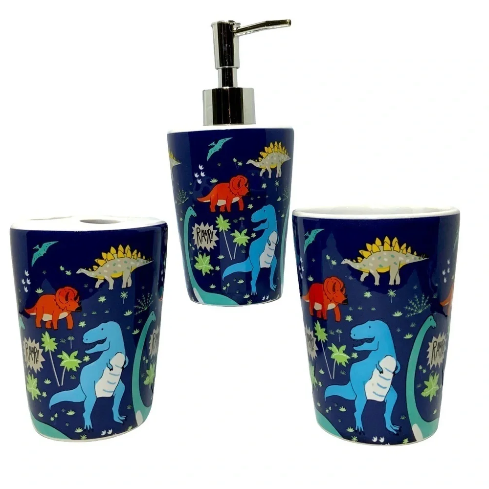 Matt & Maddie Dinosaur Bath Accessories Kids Colorful Ceramics Blue 3 Piece Set
